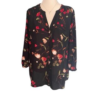 NYDJ Black Floral Pintuck Blouse US L